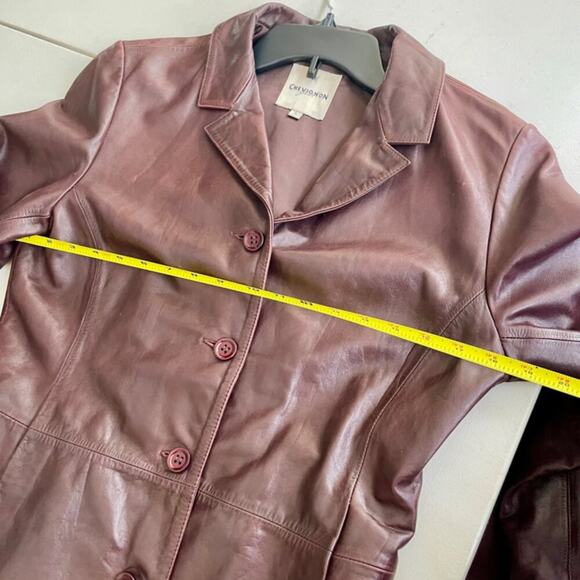 Y2K 90’s CHEVIGNON TRUCKER JACKET BLAZER COW GRAIN LEATHER MAROON SZ L VERSATILE - Picture 14 of 16
